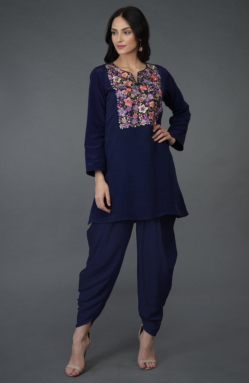 Eclipse Blue Resham Sequin & Beads Work Top with Dhoti Pants