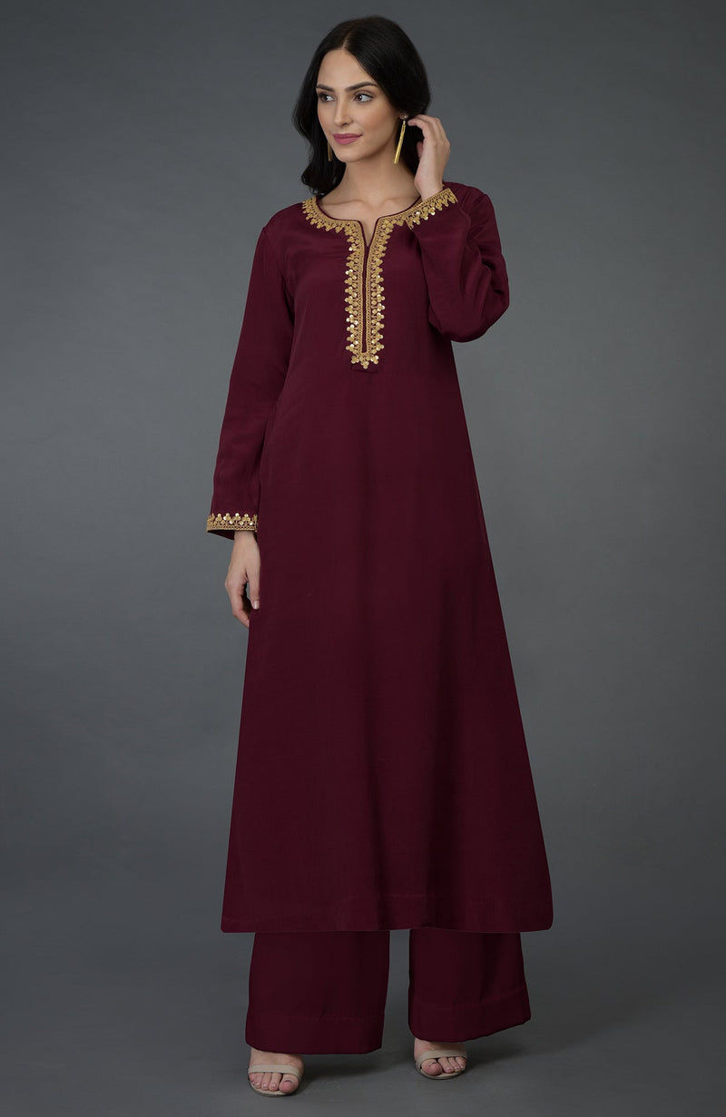 Burgundy Marori & Sequin Embroidered Kurta Set