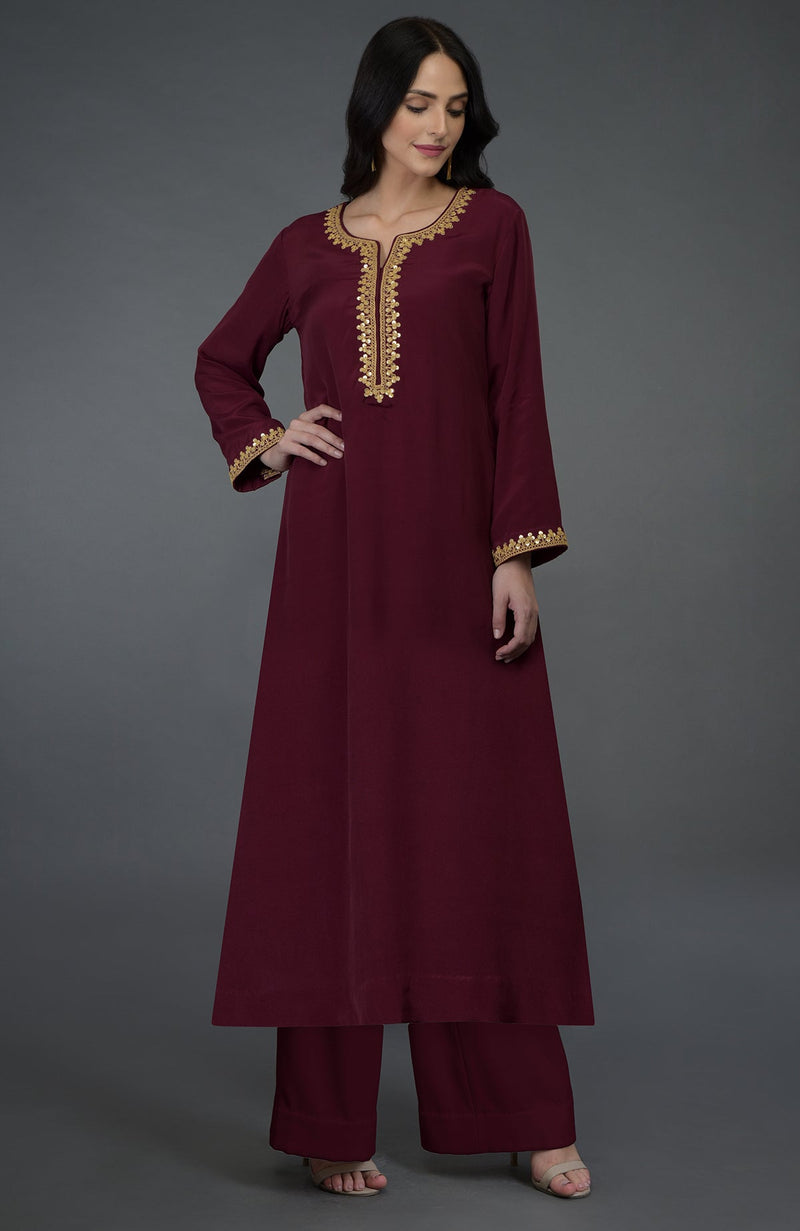 Burgundy Marori & Sequin Embroidered Kurta Set