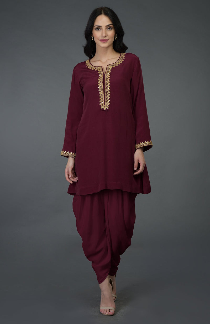 Burgundy Marori And Sequin Embroidered Dhoti Pants Suit