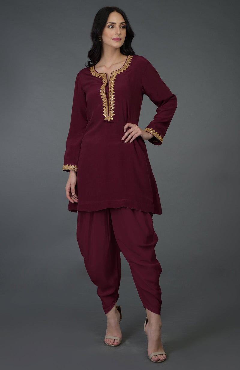 Burgundy Marori And Sequin Embroidered Dhoti Pants Suit