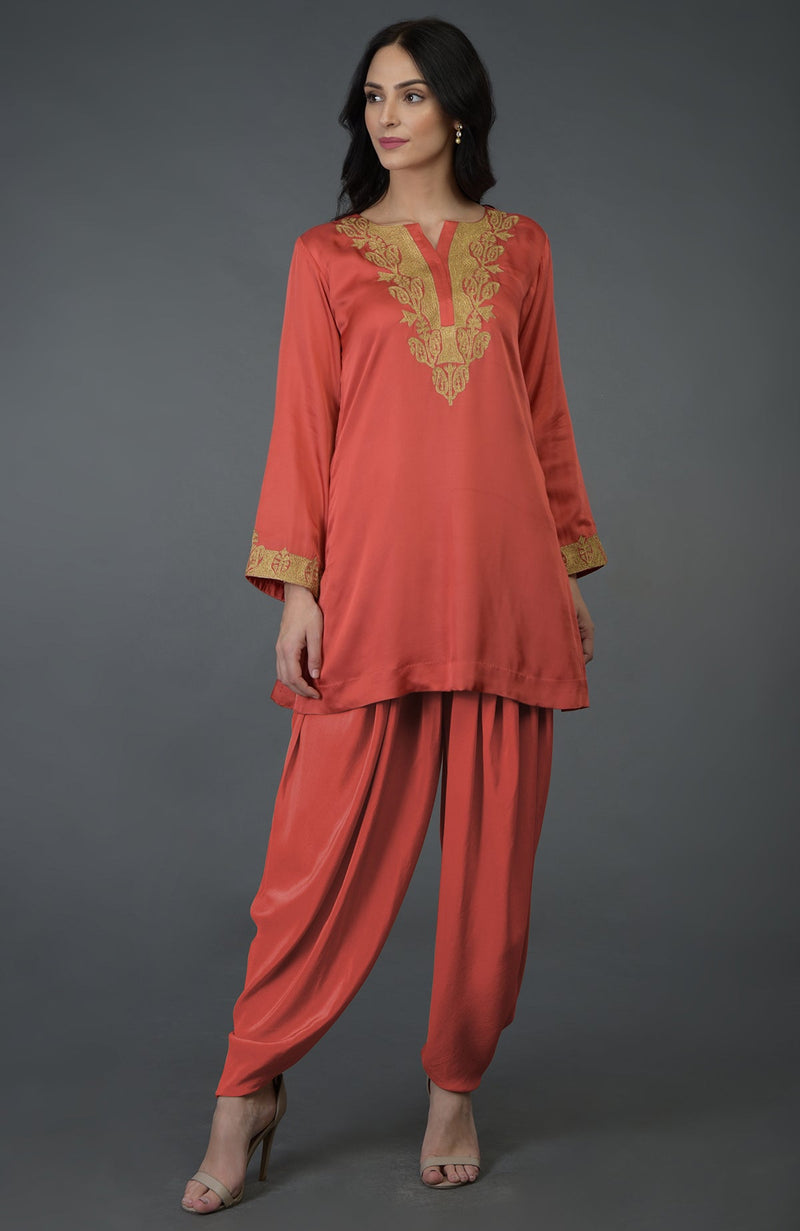 Living Coral Kashmiri Tilla Embroidered Dhoti Pants Suit