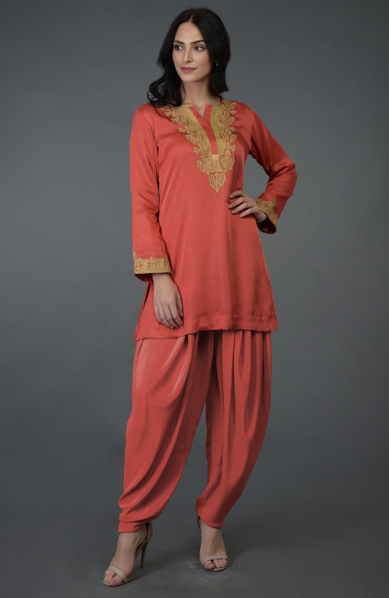 Living Coral Kashmiri Tilla Embroidered Dhoti Pants Suit