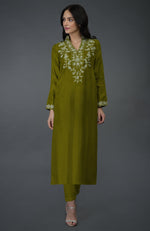 Olive Kashmiri Tilla Embroidered Kurta Set
