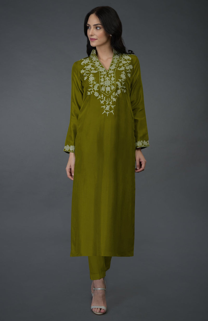 Olive Kashmiri Tilla Embroidered Kurta Set
