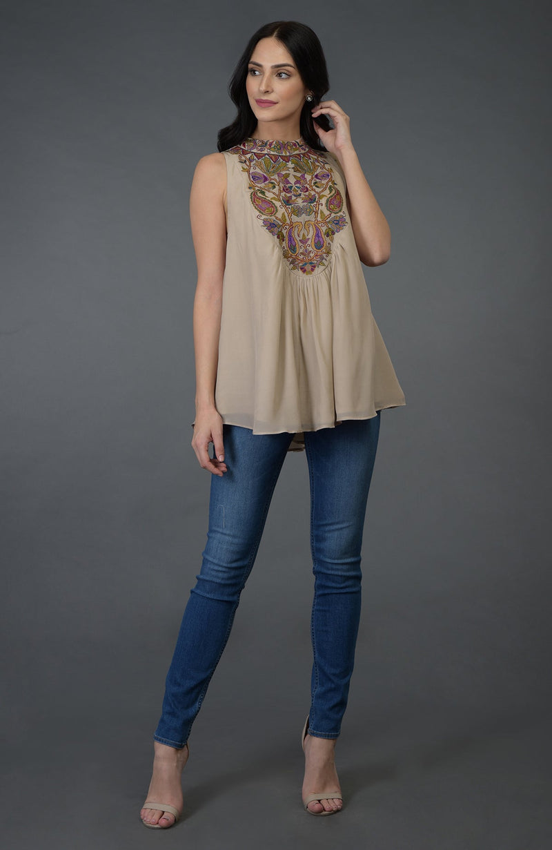 Beige Kani Art Embroidered Tunic Top