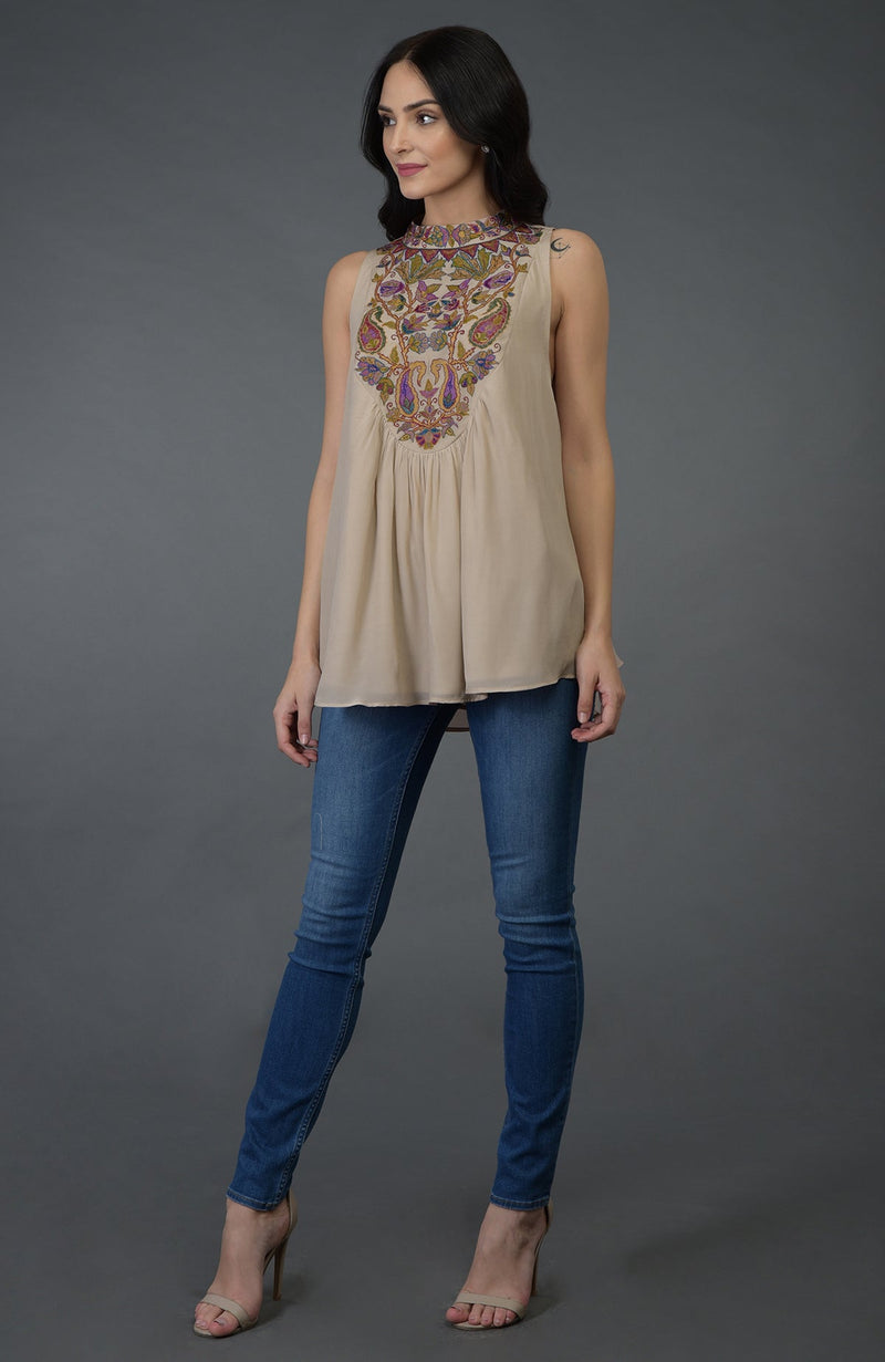 Beige Kani Art Embroidered Tunic Top