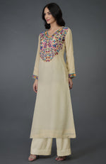 Deep Cream Kani Art Embroidered Kurta Set