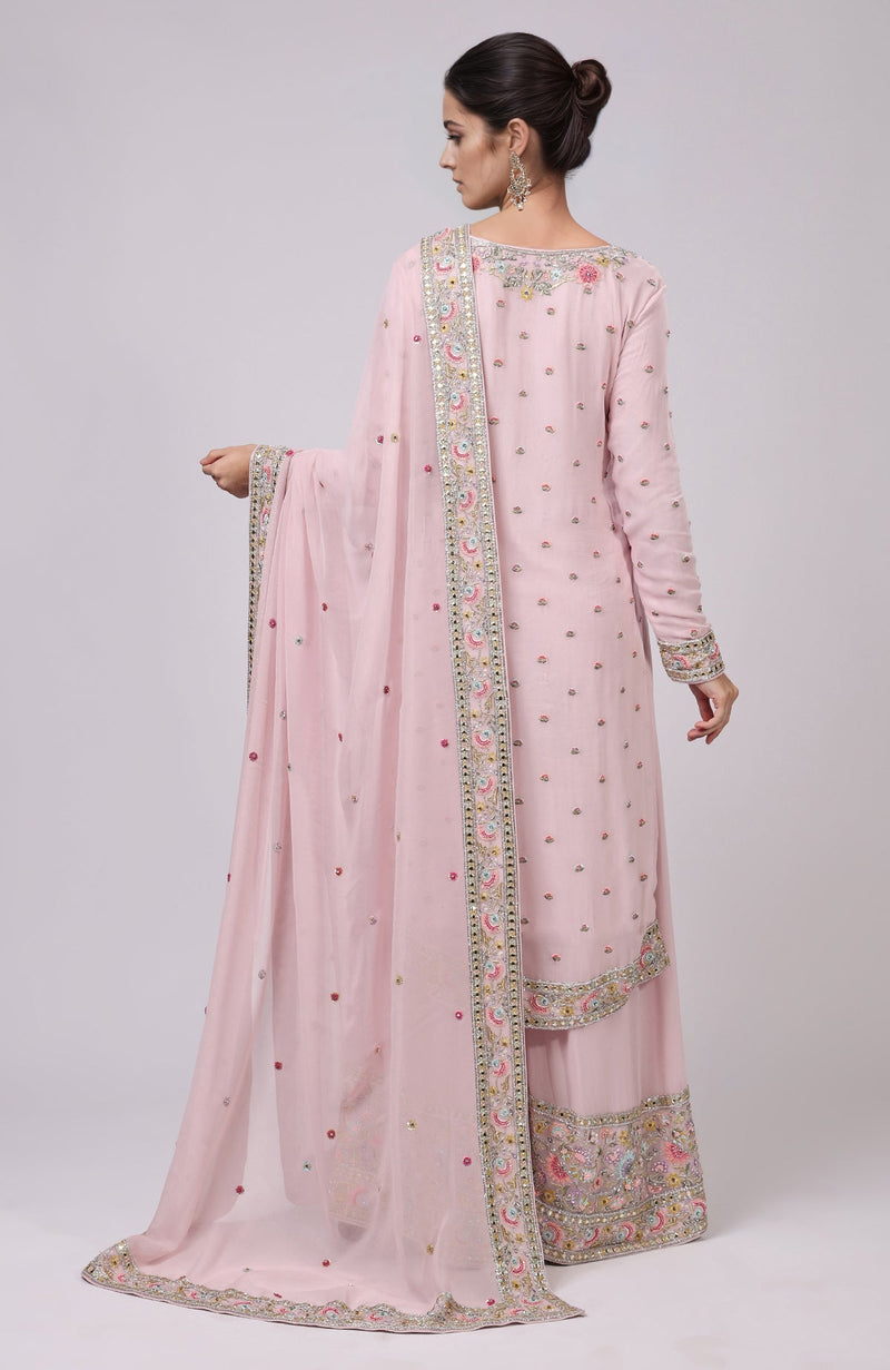 Marshmallow Pink Resham and Zardozi Hand Embroidered Sharara Set