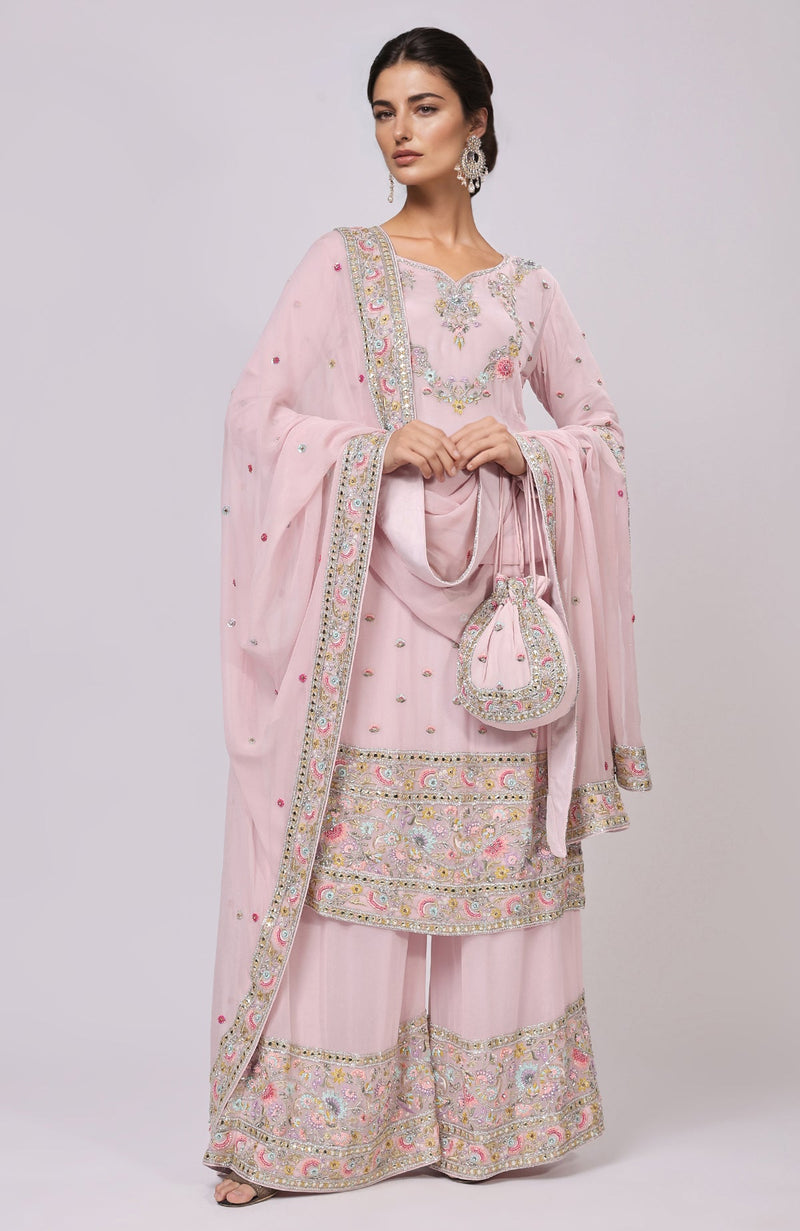 Marshmallow Pink Resham and Zardozi Hand Embroidered Sharara Set