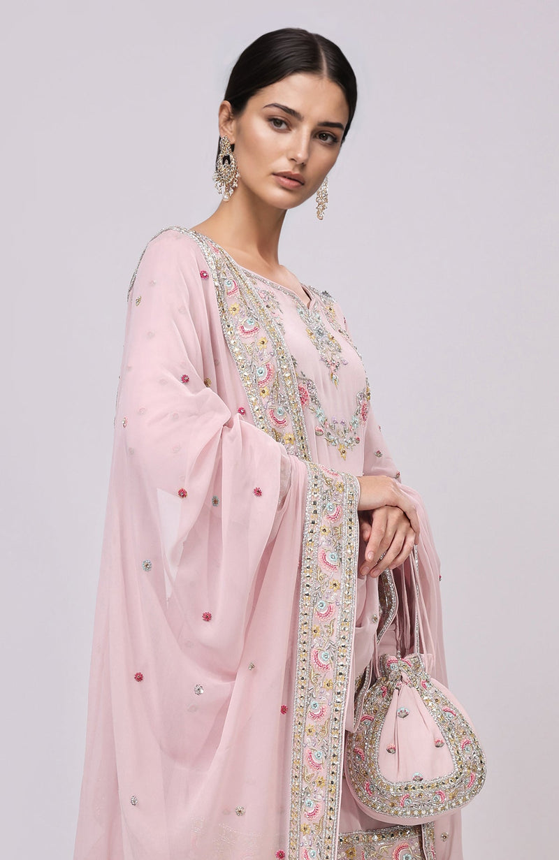 Marshmallow Pink Resham and Zardozi Hand Embroidered Sharara Set