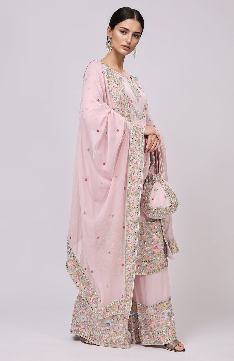 Marshmallow Pink Resham and Zardozi Hand Embroidered Sharara Set