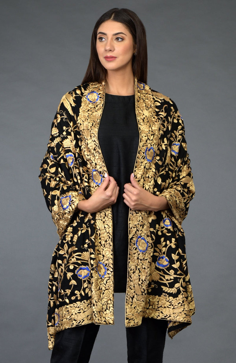 Black-Beige Gold Parsi Gara Pure Pashmina Shawl
