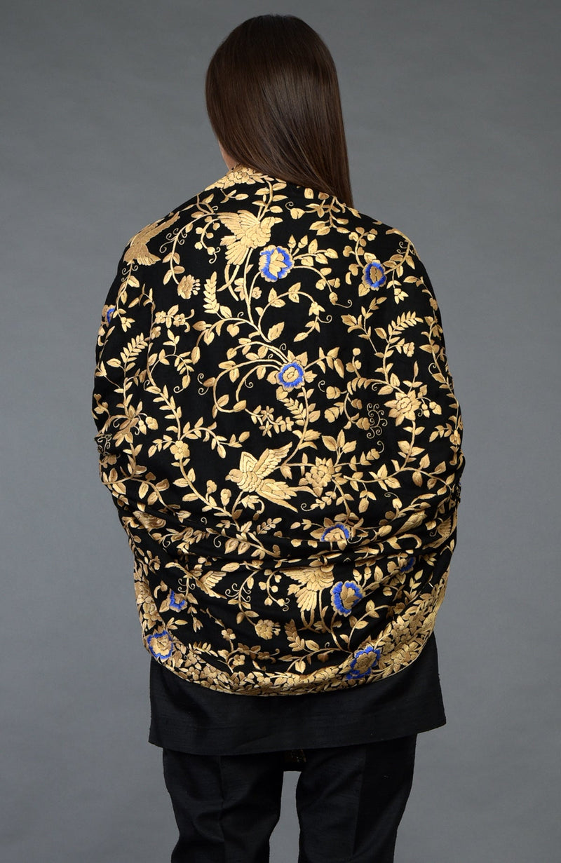 Black-Beige Gold Parsi Gara Pure Pashmina Shawl