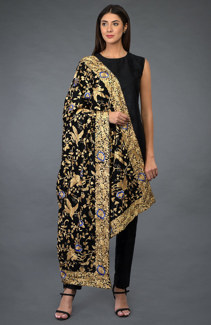 Black-Beige Gold Parsi Gara Pure Pashmina Shawl