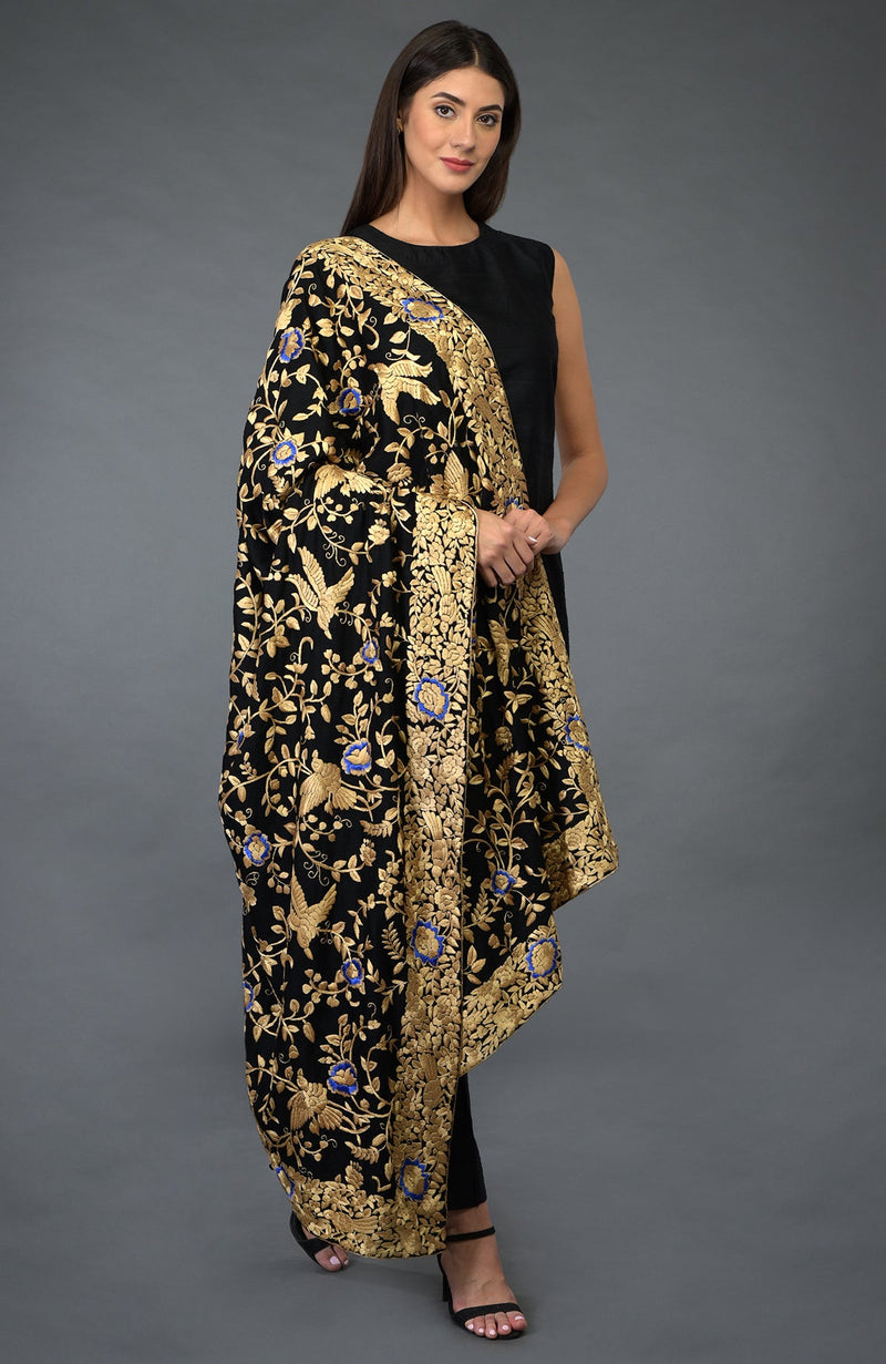 Black-Beige Gold Parsi Gara Pure Pashmina Shawl