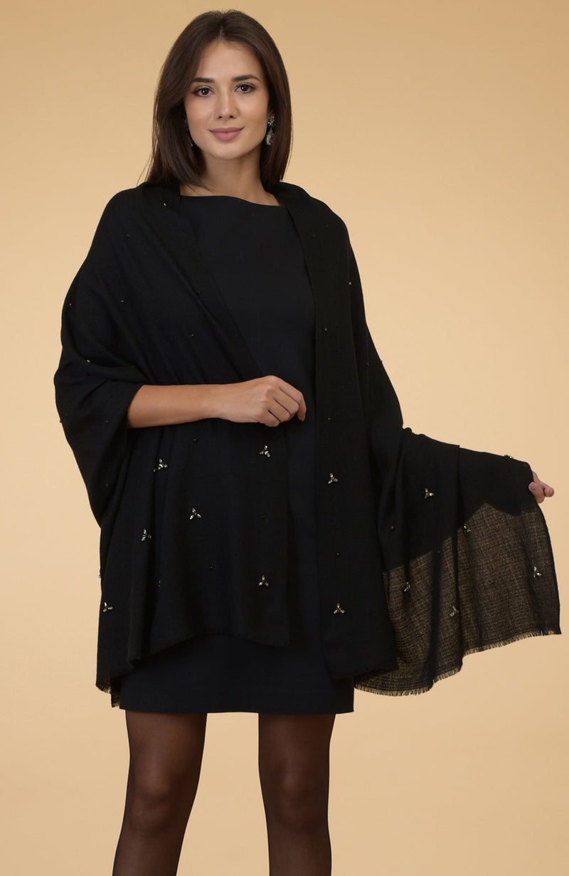 Black Crystal Hand Embroidered Pure Cashmere Stole