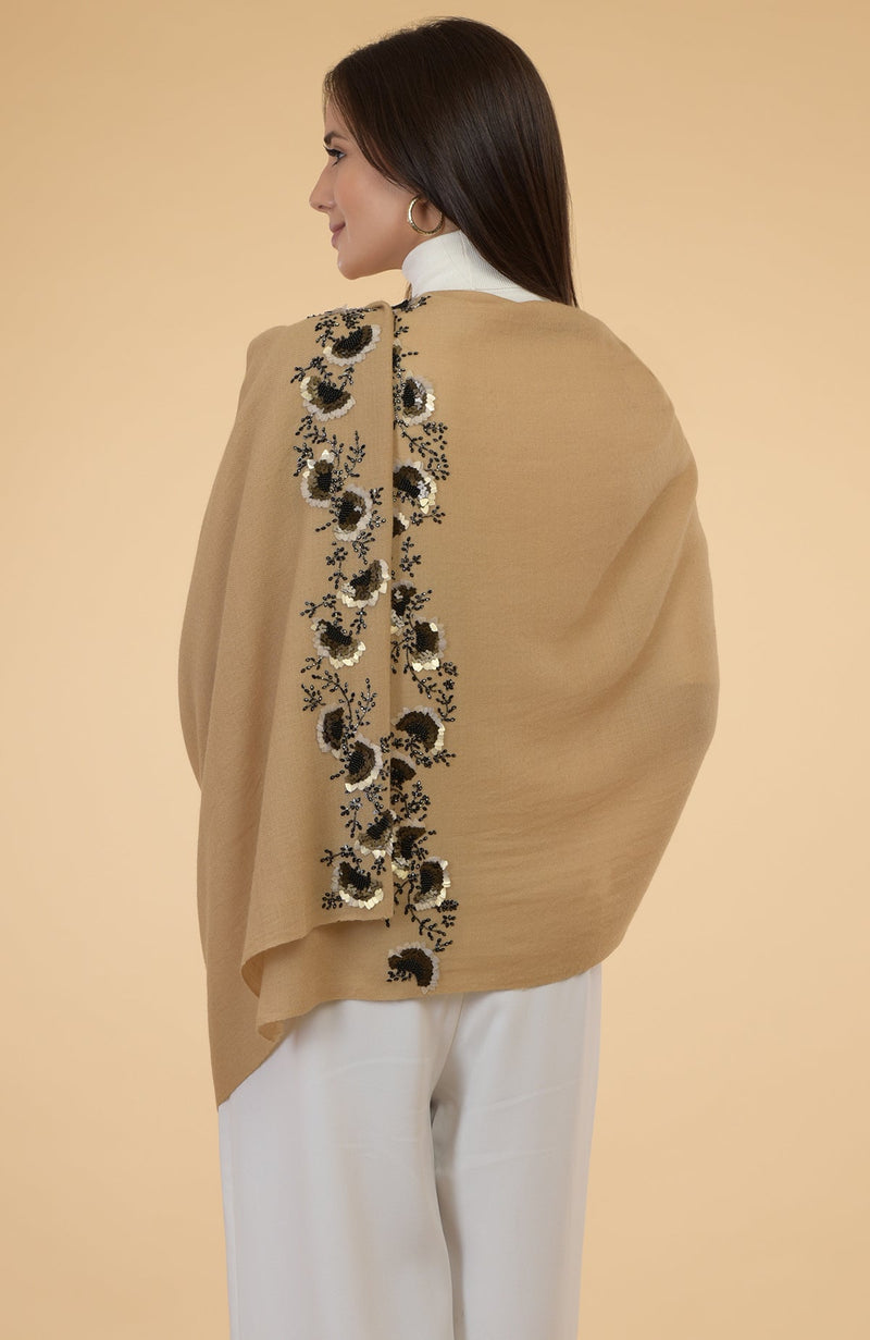 Camel Beige Floral Hand Embroidered Pure Cashmere Stole
