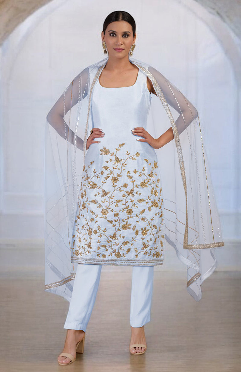 White-Gold Hand Embroidered Kurta  Set