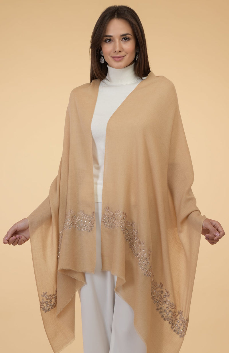 Nude Beige Floral & Crystal Embroidered Pure Cashmere Stole