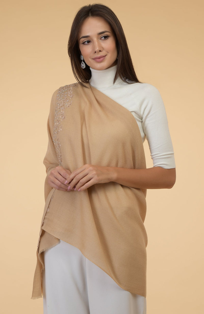 Nude Beige Floral & Crystal Embroidered Pure Cashmere Stole