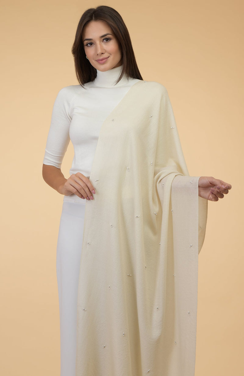 Ivory Beads & Crystal Hand Embroidered Pure Cashmere Stole