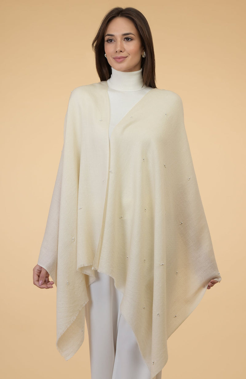 Ivory Beads & Crystal Hand Embroidered Pure Cashmere Stole