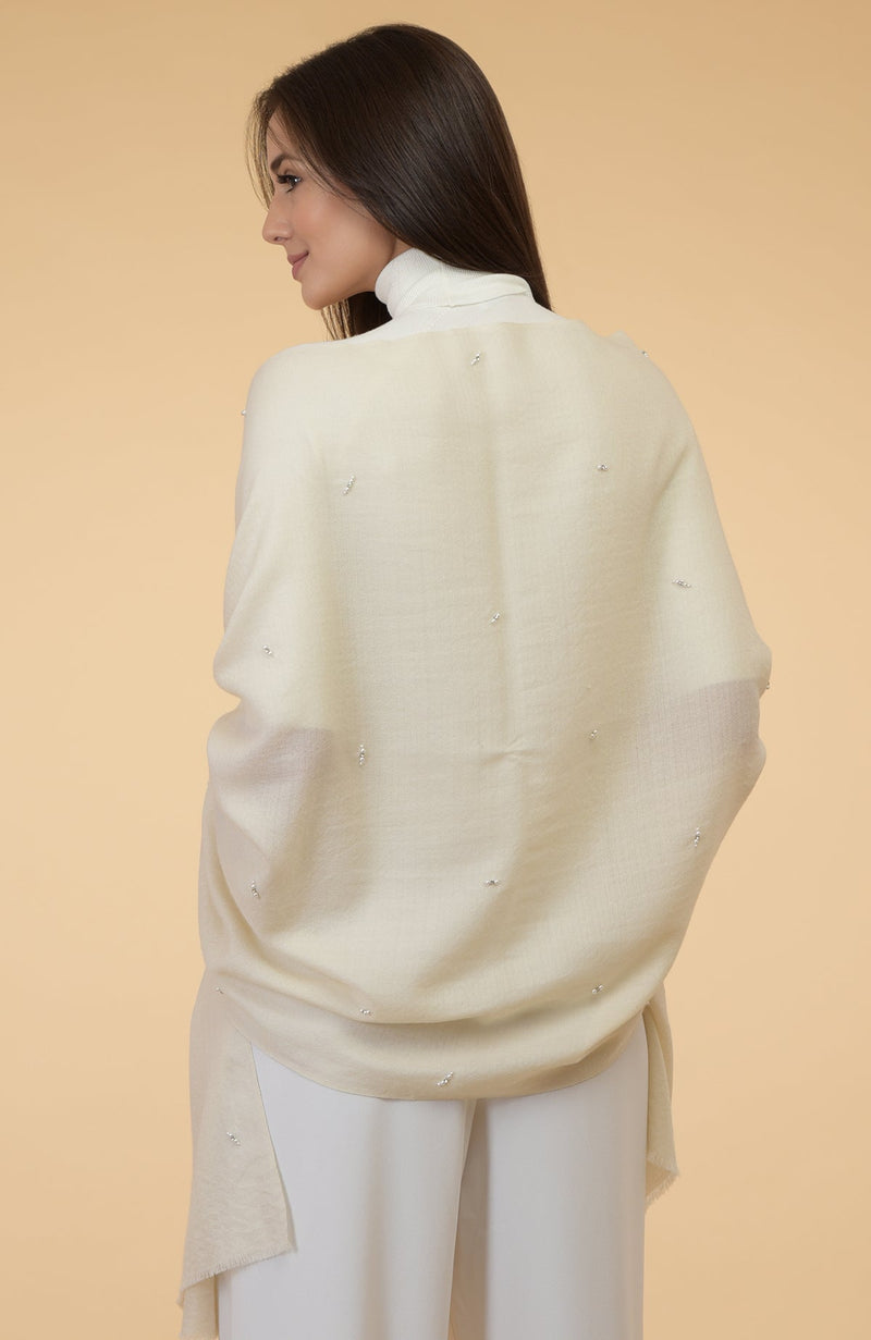 Ivory Beads & Crystal Hand Embroidered Pure Cashmere Stole