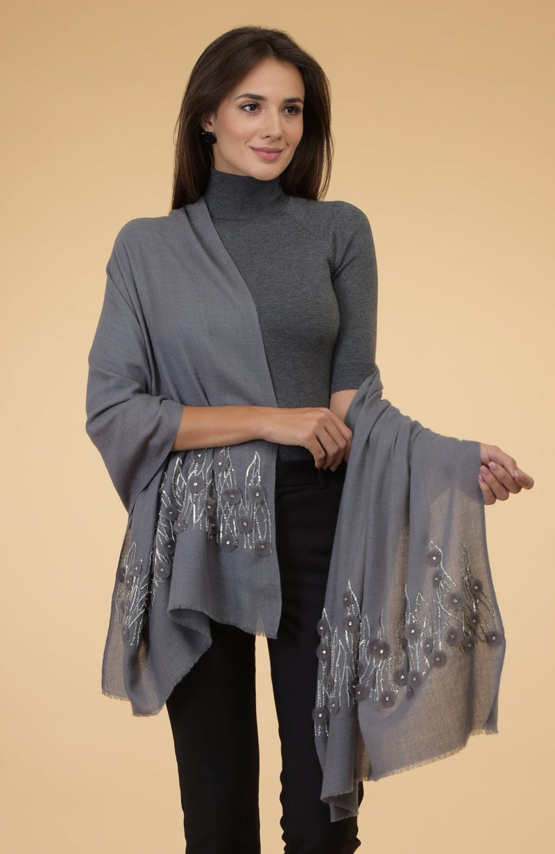 Grey 3D Floral & Beads Hand Embroidered Pure Cashmere Stole