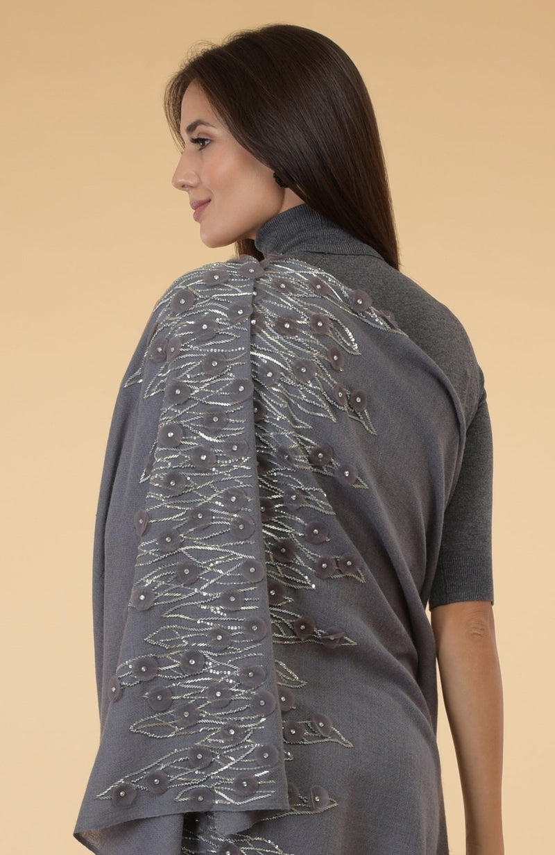 Grey 3D Floral & Beads Hand Embroidered Pure Cashmere Stole