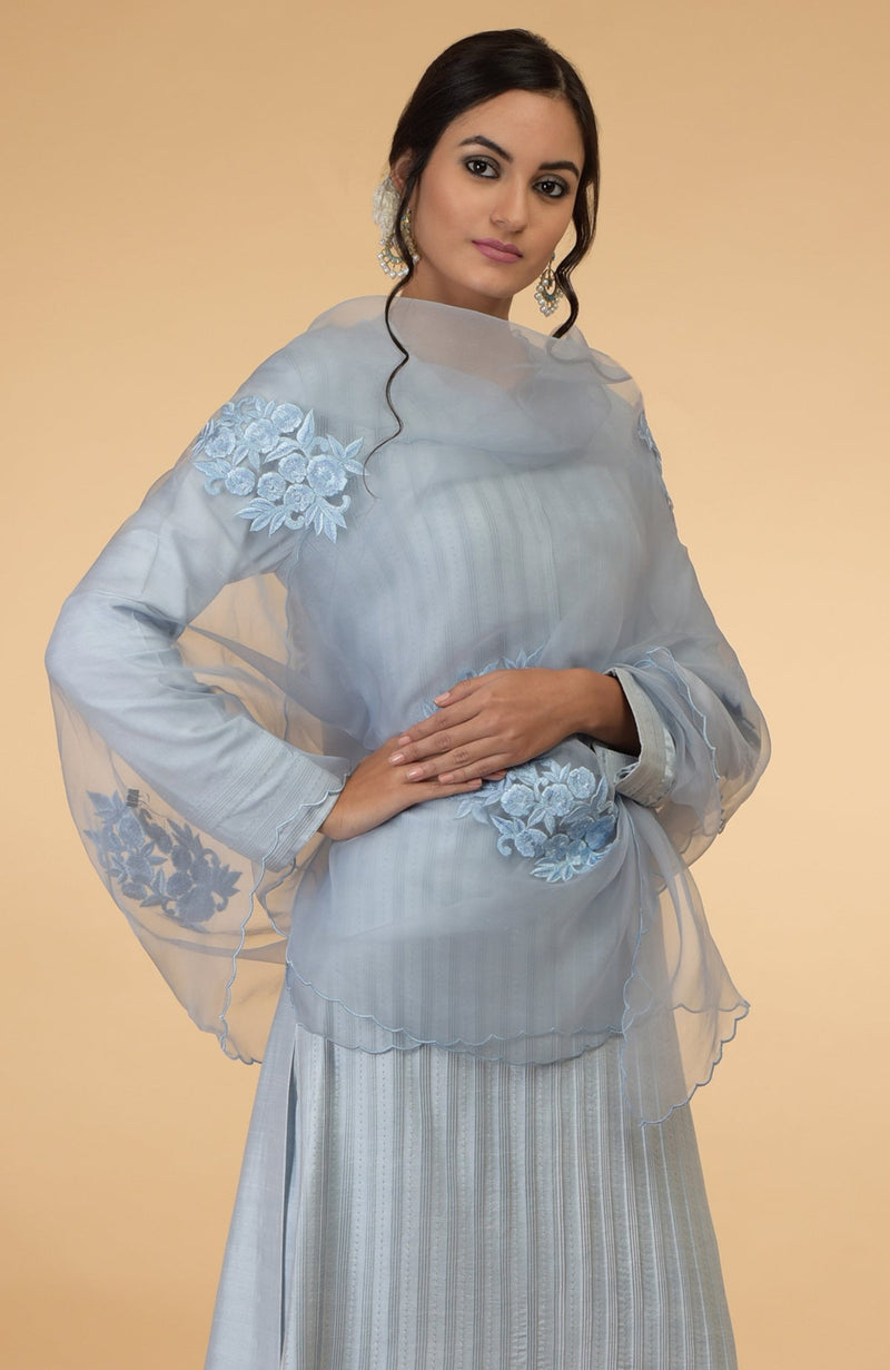 Powder Blue Pintuck & Kantha Silk Kurta Set with Dupatta