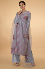 Grey-Maroon Kantha Embroidered Kurta Set with Dupatta