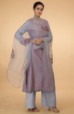 Grey-Maroon Kantha Embroidered Kurta Set with Dupatta