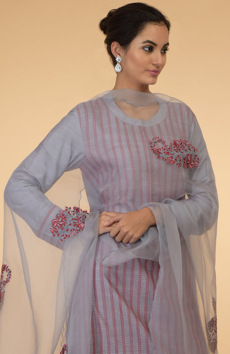 Grey-Maroon Kantha Embroidered Kurta Set with Dupatta