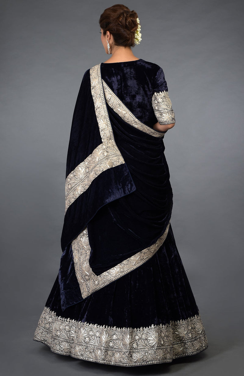 Midnight Blue Kashmiri Tilla Embroidered Lehenga Outfit