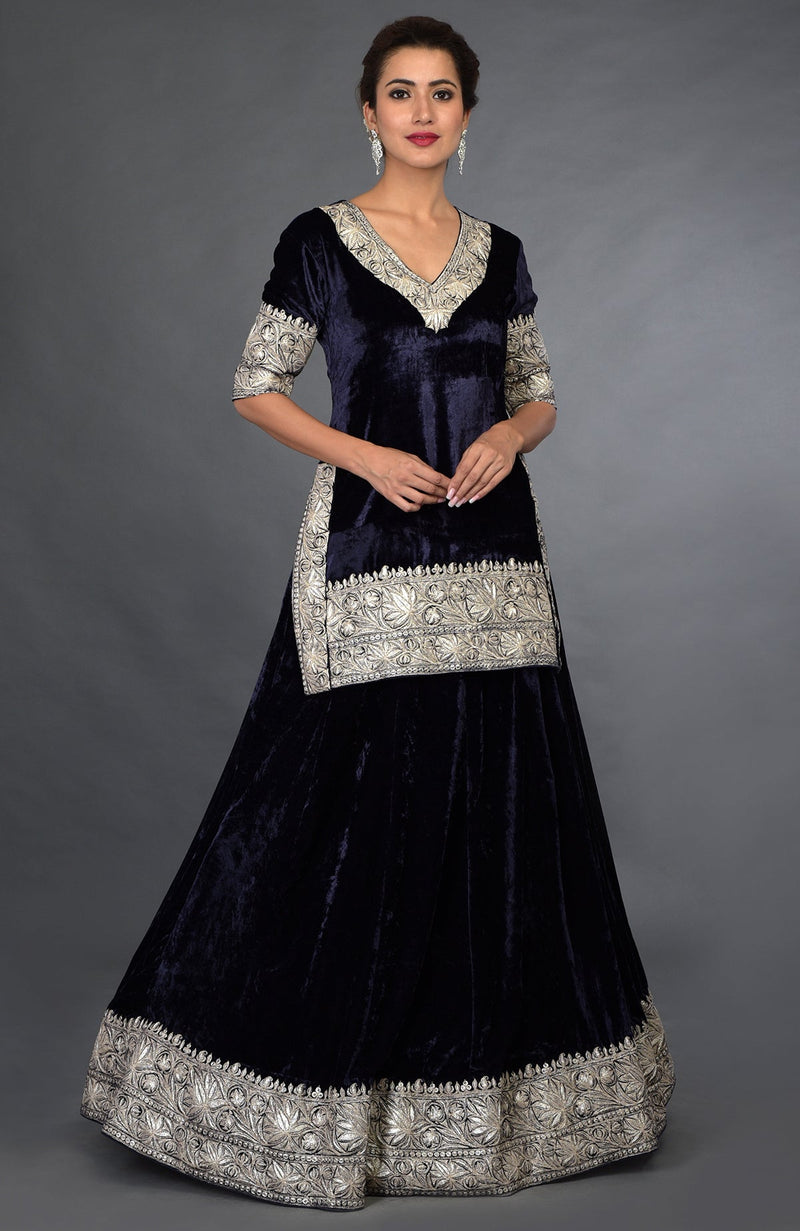 Midnight Blue Kashmiri Tilla Embroidered Lehenga Outfit