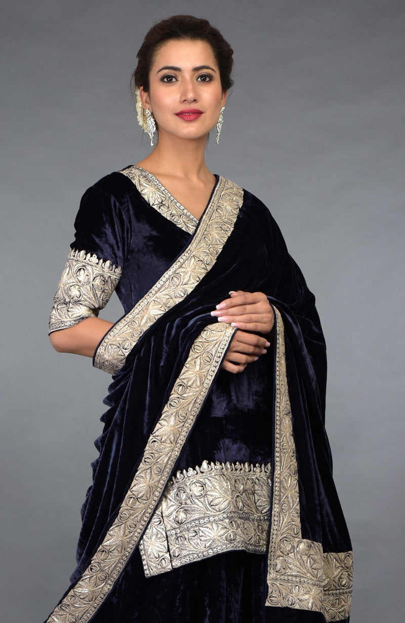 Midnight Blue Kashmiri Tilla Embroidered Lehenga Outfit