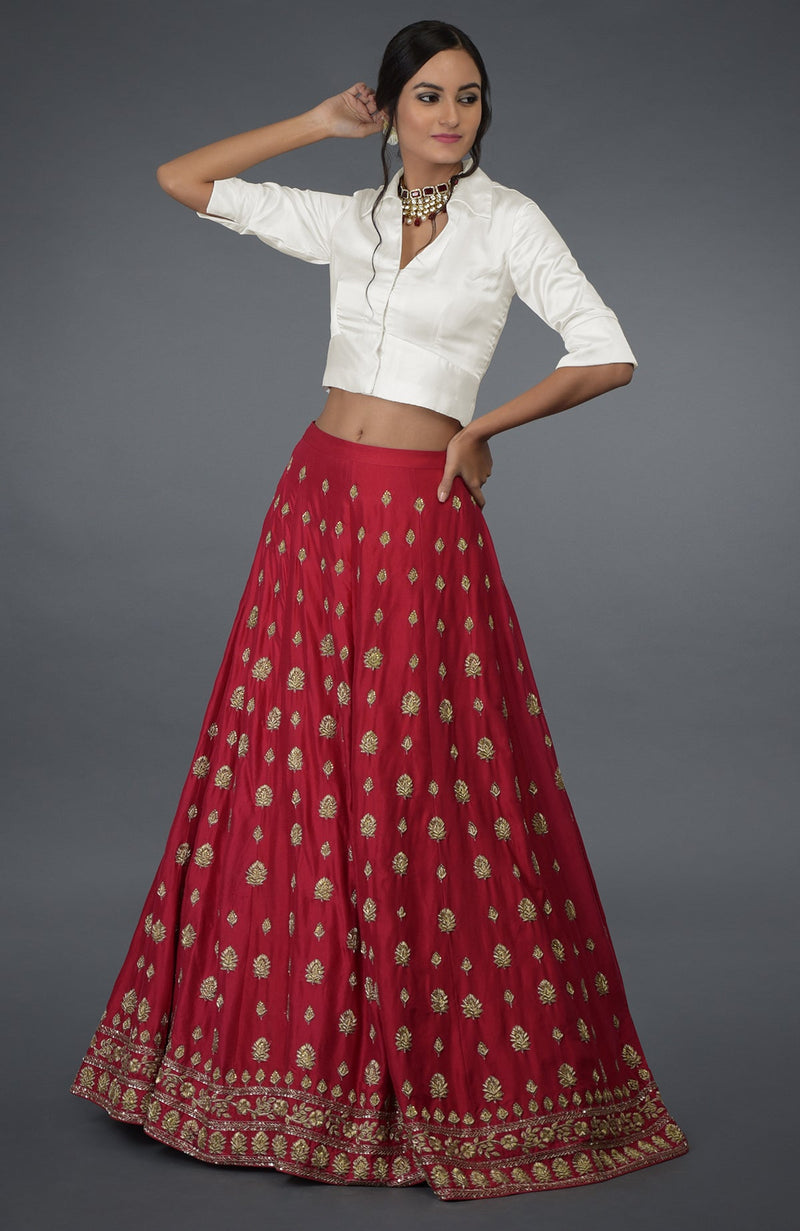 Royal Red Zardozi & Crystal Hand Embroidered Skirt With Blouse