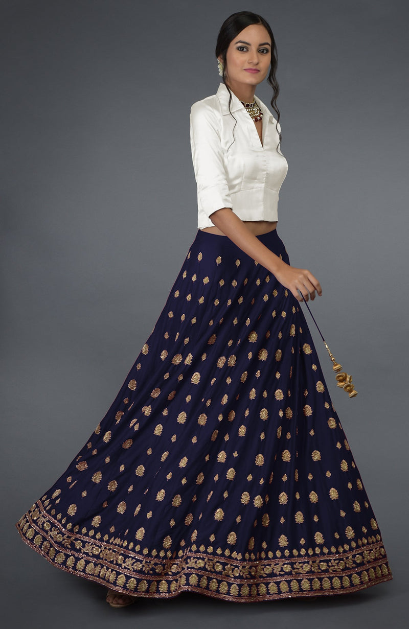 Eclipse Blue Zardozi & Crystal Hand Embroidered Skirt With Blouse