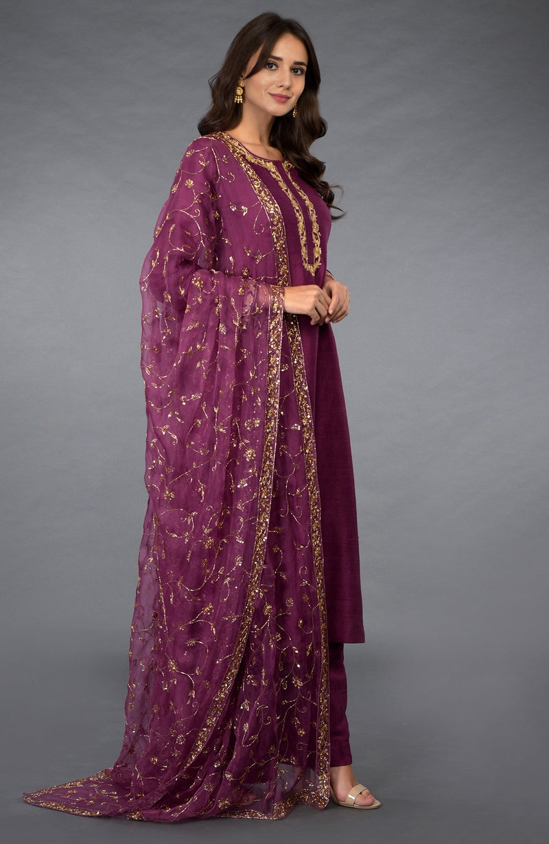 Peacock Pink- Gold Zari Beads & Sequin Embroidered Suit