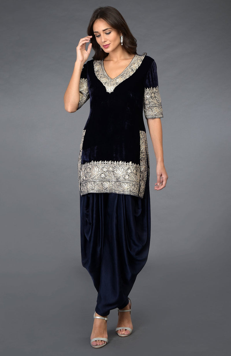 Midnight Blue Kashmiri Tilla Embroidered Dhoti Pants Suit