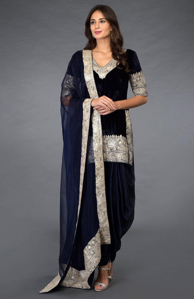 Midnight Blue Kashmiri Tilla Embroidered Dhoti Pants Suit