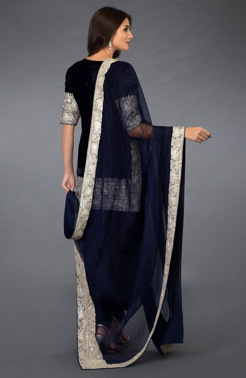 Midnight Blue Kashmiri Tilla Embroidered Dhoti Pants Suit