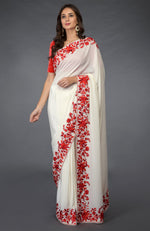 Ivory-Red Parsi Gara  Hand Embroidered Saree