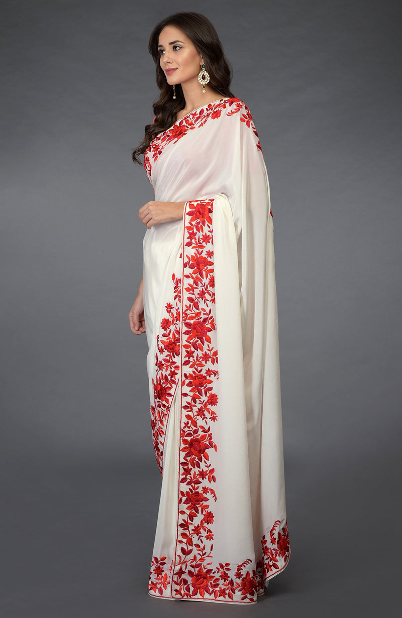 Ivory-Red Parsi Gara  Hand Embroidered Saree