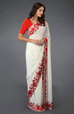 Ivory-Red Parsi Gara  Hand Embroidered Saree