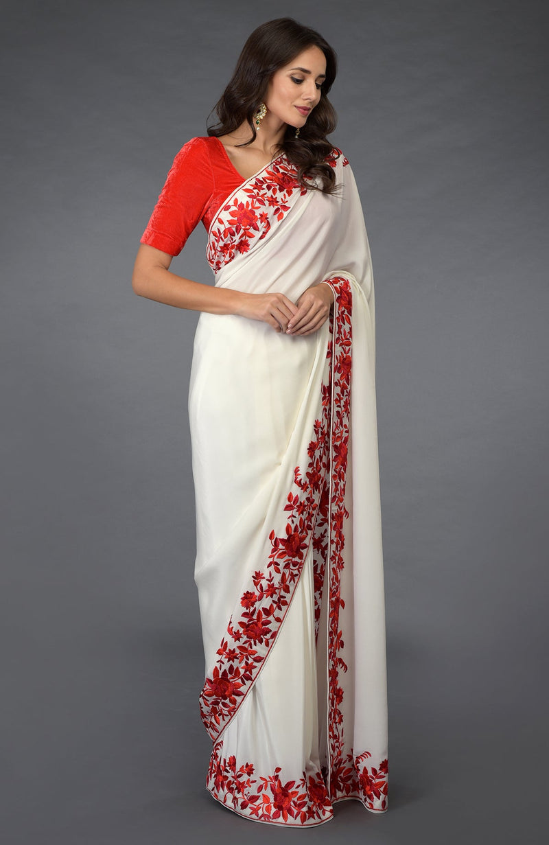 Ivory-Red Parsi Gara  Hand Embroidered Saree