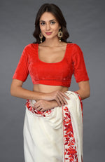 Ivory-Red Parsi Gara  Hand Embroidered Saree