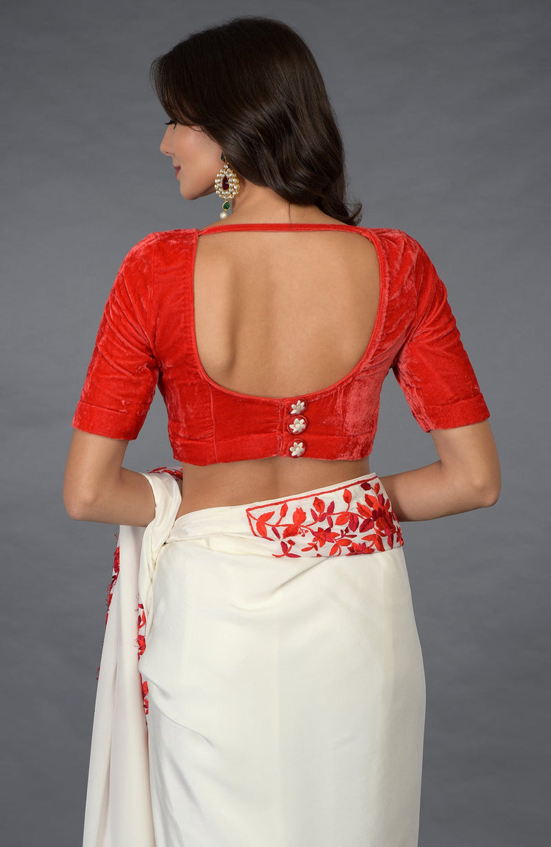 Ivory-Red Parsi Gara  Hand Embroidered Saree