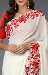 Ivory-Red Parsi Gara  Hand Embroidered Saree